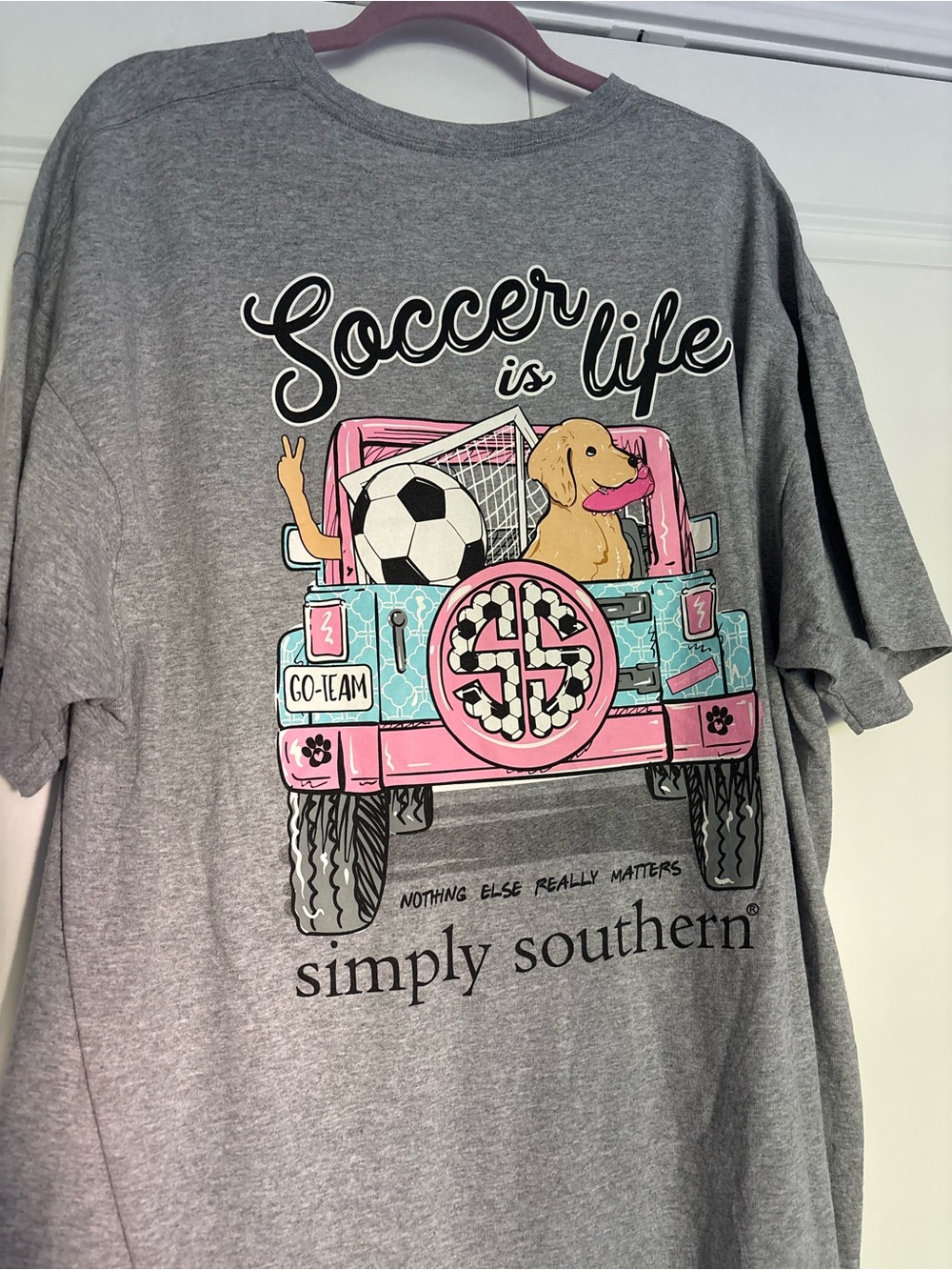 Simply Southern Gray Tee with Pink & Teal Jeep Soccer Pup Graphic